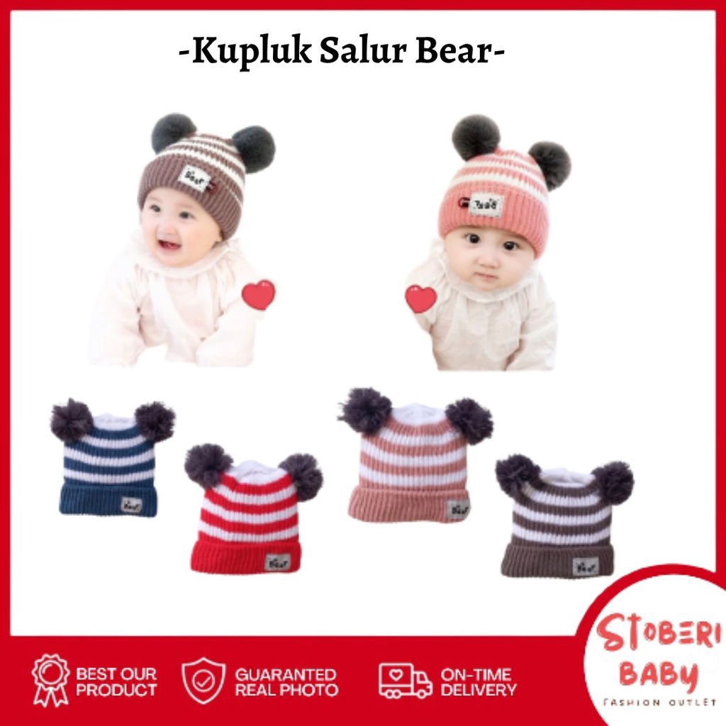 stoberi baby - Kupluk O SALUR BEAR Bayi Polos Model Salur Laki Laki Perempuan New Born Usia 0-3 Tahun