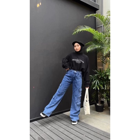 (27-30) DEEP SNOWBLUE HW DOUBLE CARGO LOOSE JEANS / DARK SNOWBLUE HW DOUBLE CARGO LOOSE JEANS / CELANA HIGHWAIST CARGO KANTONG DUA LOOSE JEANS WANITA CEWEK