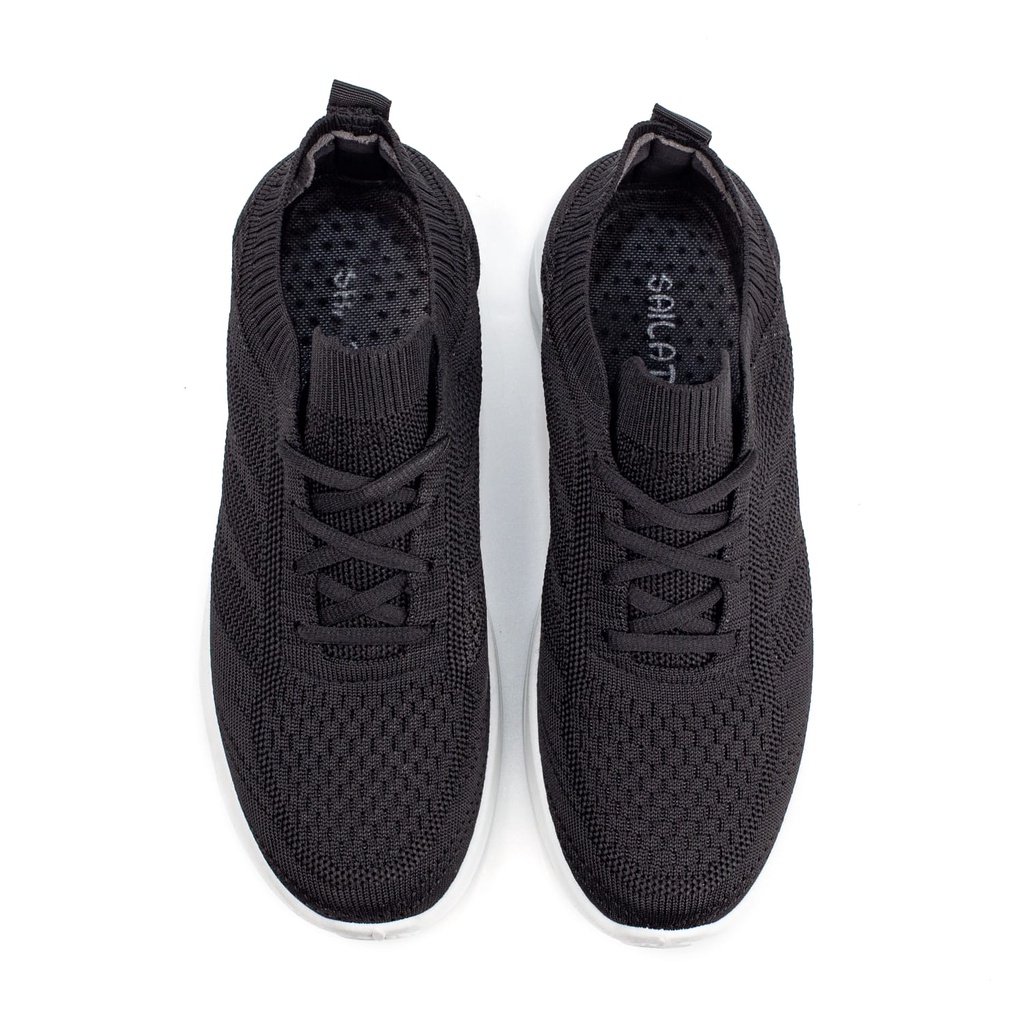 Sepatu Sneakers Pria Rajut Import Sport Shoes Casual Fashion Hitam Putih Tali SK820