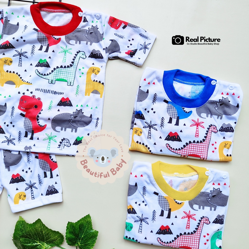 Baby.ou - Setelan Baju Bayi Lengan Pendek Celana Pendek SNI 3-12 Bulan Motif Dinosaurus / Setelan Harian Bayi Kazuka / Baju Bayi Pendek / Setelan Pendek Bayi