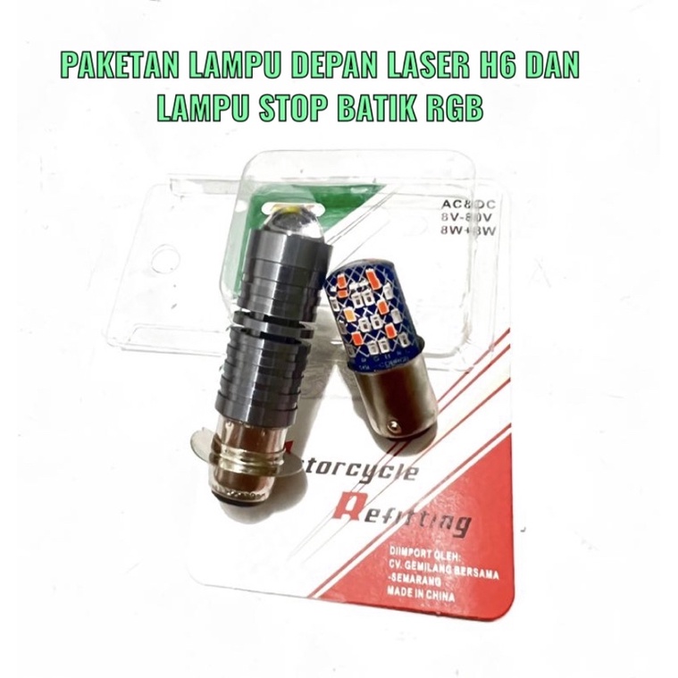 PAKETAN TERMURAH LAMPU DEPAN MOTOR UTAMA ATAU BOHLAM LED H4 H6 MODEL LASER AC / DC MOTOR MOBIL DAN LAMPU STOP BATIK 36 LED RGB