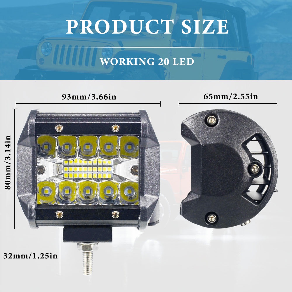 2pcs 12v 60WATT Lampu Tembak Sorot Led PUTIH WORKLIGHT MT Star Cwl 20 Mata Sinar Putih 6000 (Kcangkang plastik)