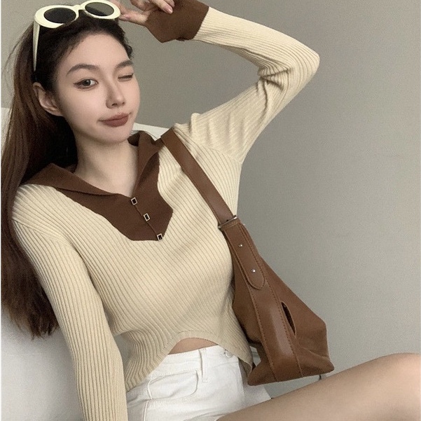 YIU YIU Rajut - Knitwear Top Polos Wanita Lengan Panjang Premium