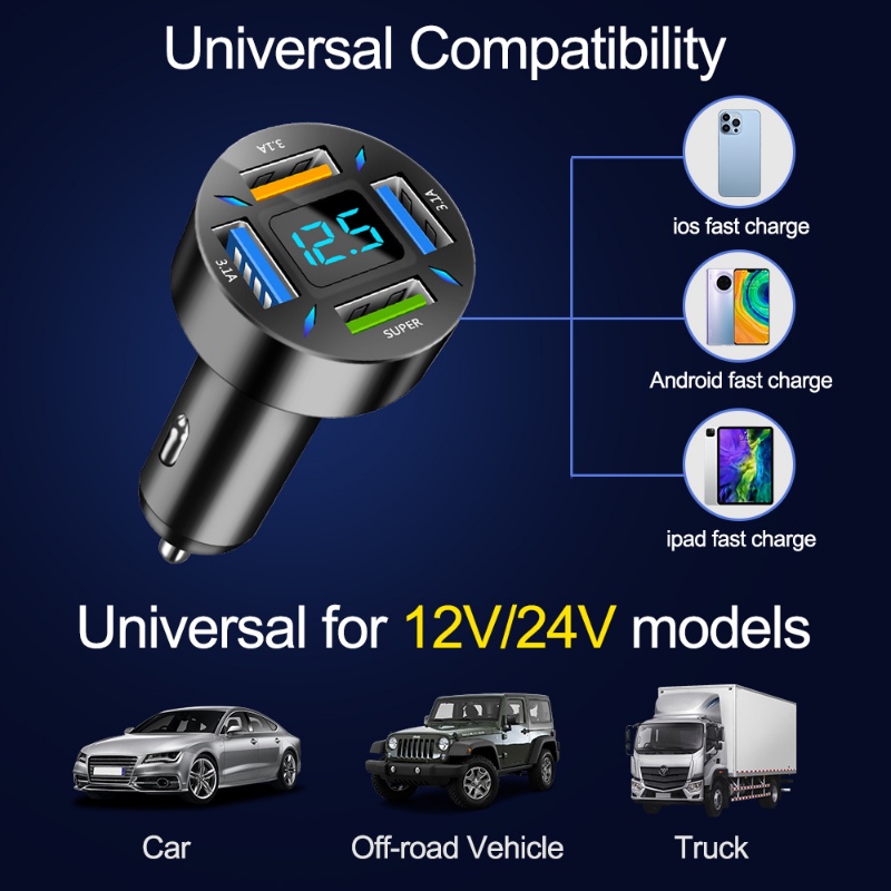 Adaptor Charger Mobil 4 Port Usb Fast Charging Portable Dengan Layar Digital