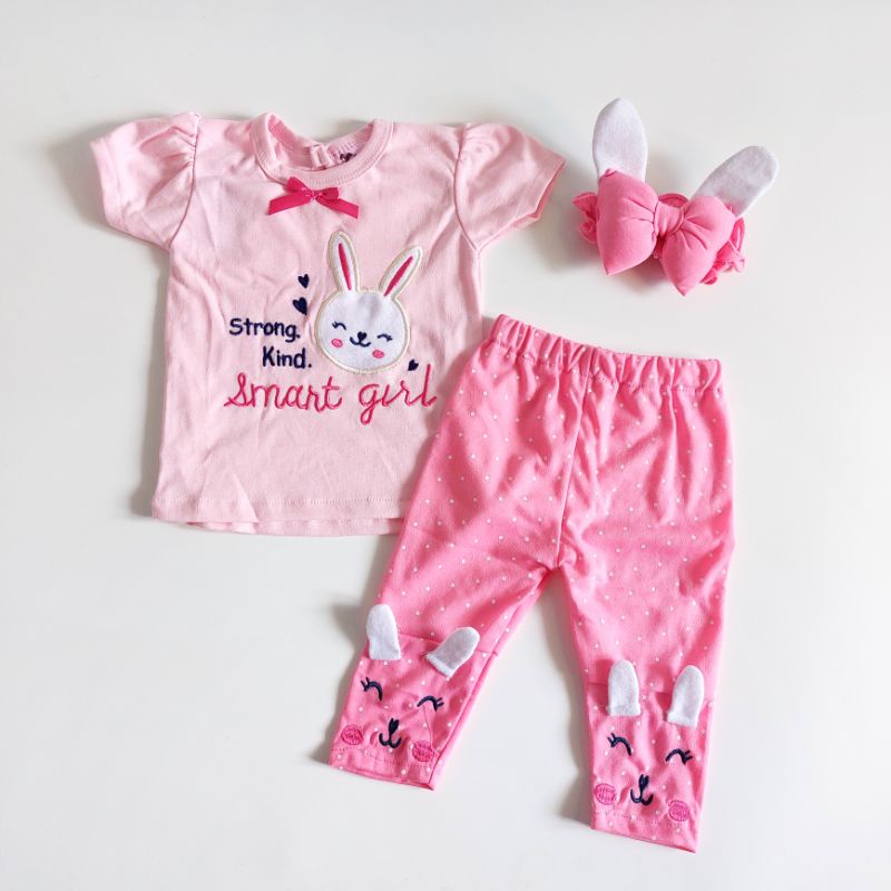 Baju Bayi Perempuan Setelan celana bunny 0-8 bulan baby girl lucu set bando pergi jalan fashion anak