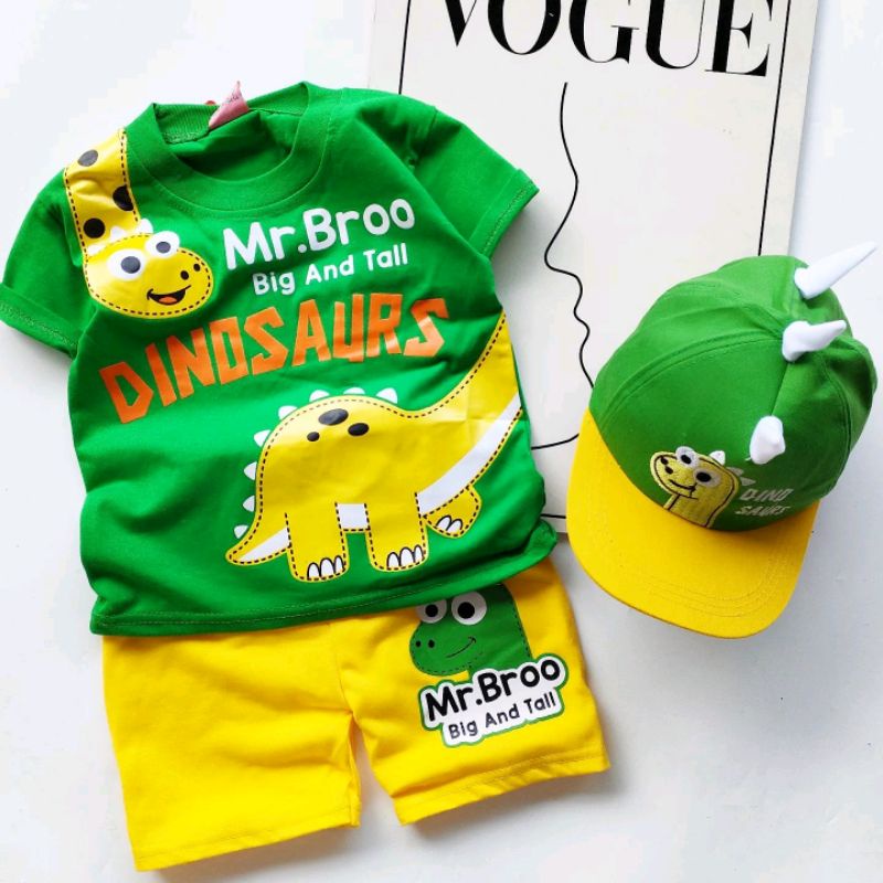 SETELAN BAJU ANAK DINO PAKAIAN ANAK COWOK CEWEK ADA TOPI UNTUK UMUR 1-10 TAHUN-baju+celana+topi