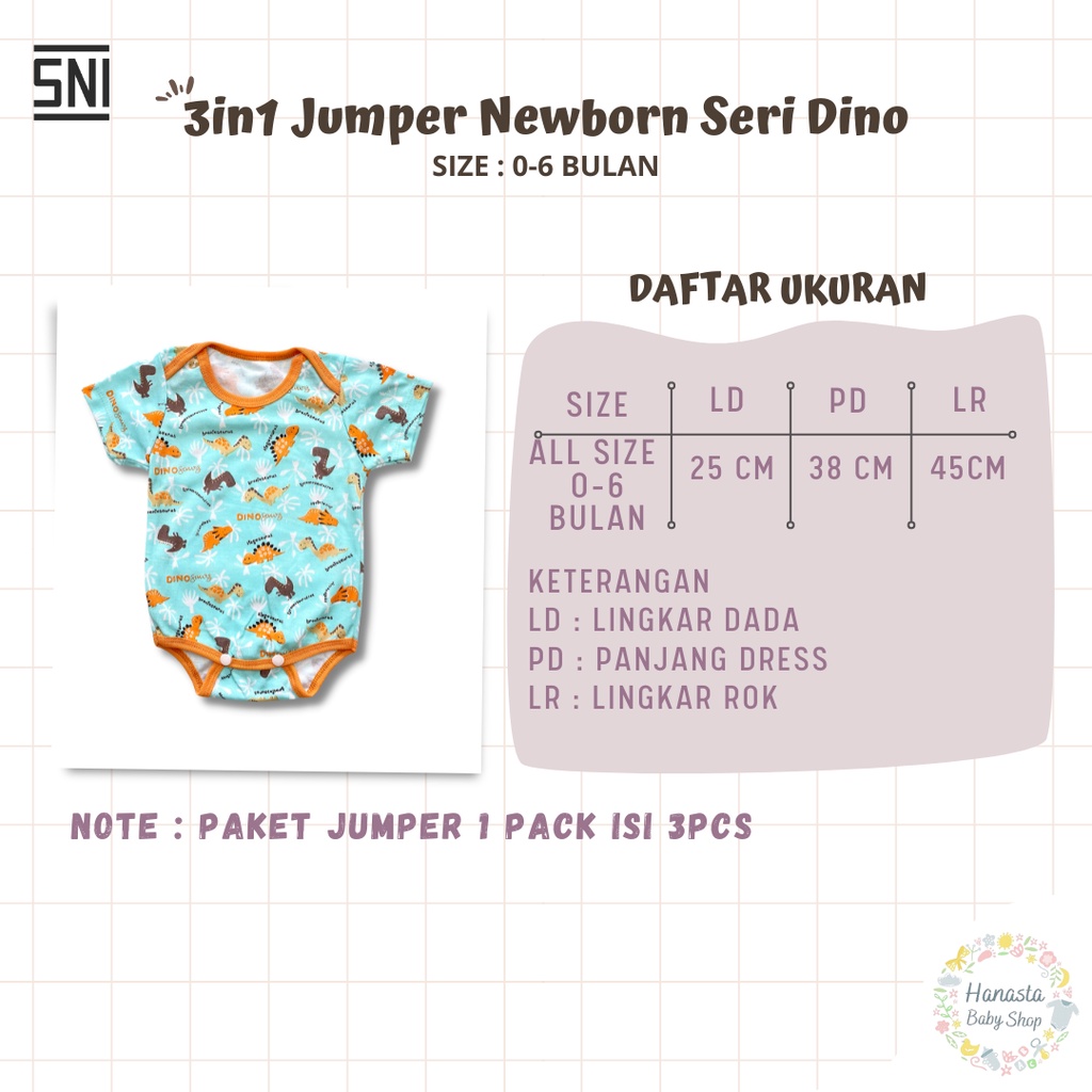 Jumper Bayi 3in1 Lengan Pendek Jumpsuit Newborn 0-6 Bulan Seri Dino