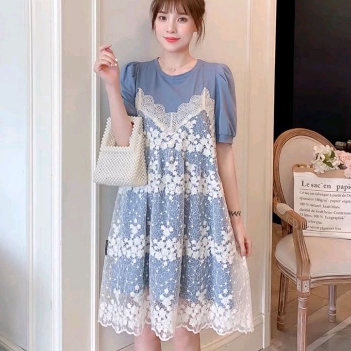 17330 Baju Minidress mini dress pendek Lace LAYERED brukat ala Korea Korean style wanita import baju