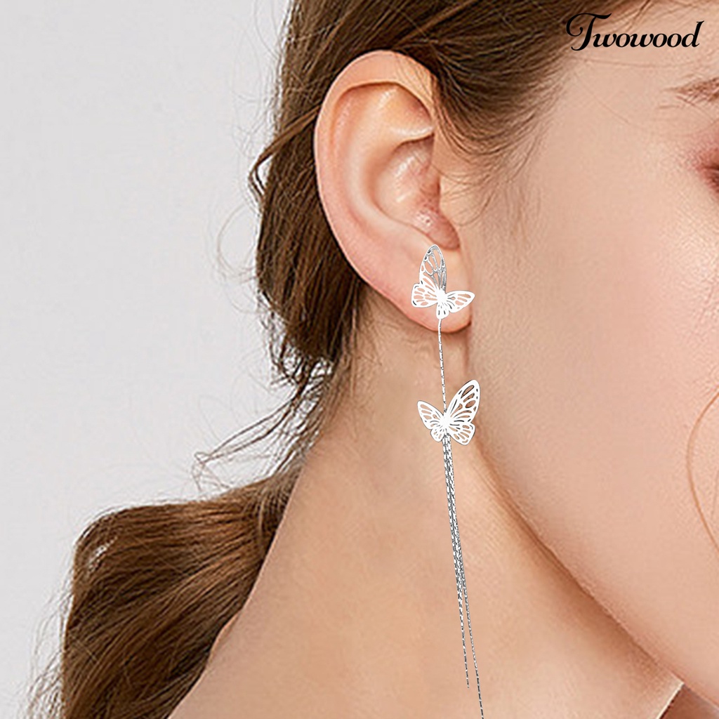 Anting Juntai Panjang Model Hollow Butterfly Bahan Metal Untuk Wanita