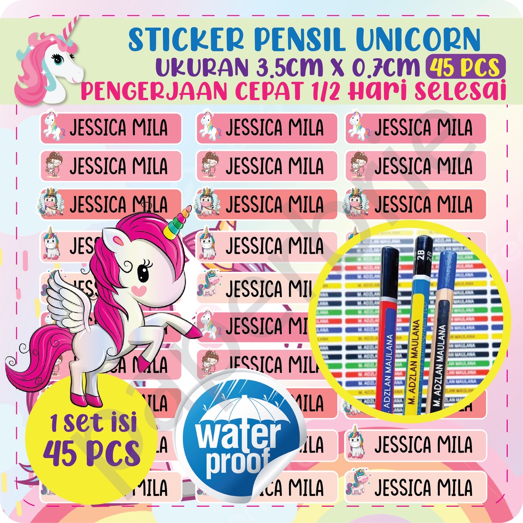 [Sticker Pensil Unicorn Simple] Sticker Nama Anak pensil buku lucu label nama anak stiker crayon motif Unicorn Simple lucu