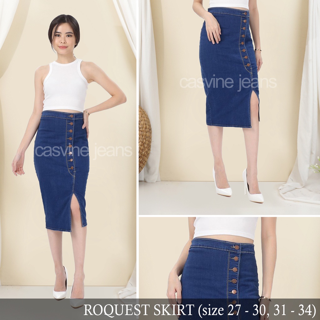 Rok Jeans Wanita Cewek Stretch Kancing 8 Roquest Skirt Ada Bigsize Jumbo