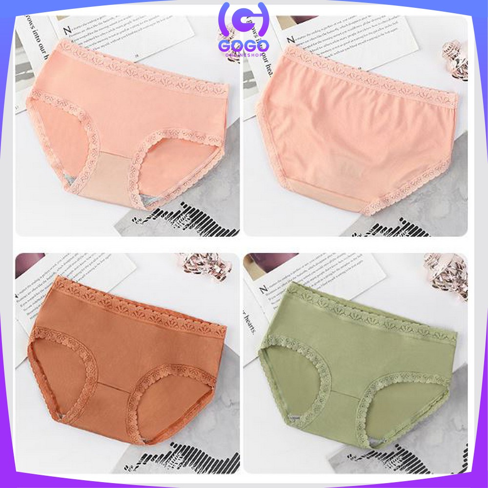 GOGO-P128 Celana Dalam Wanita Renda Motif Polos CD Wanita Pakaian Dalam Anti Nyeplak CD Warna Warni Polos Impor