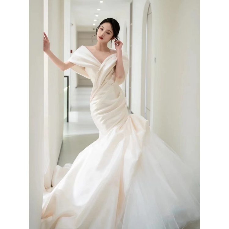 Disesuaikan High-End Putih Satin Putri Duyung Gaun Pengantin 2022 Korea Elegan Satu Bahu Hotel Inter