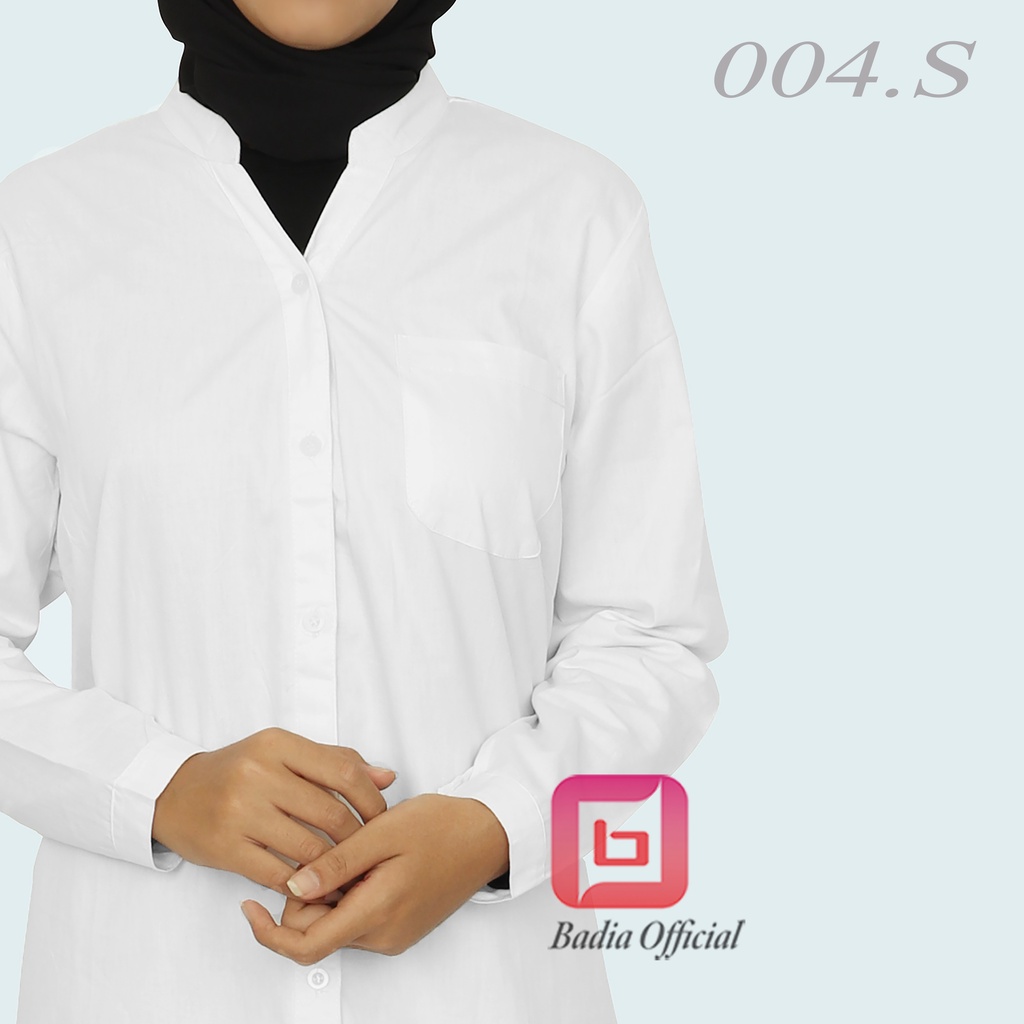 kemeja tunik putih polos tanpa kerah v neck sanghai kantong panjang nututupi pantat sampai jumbo wanita permium