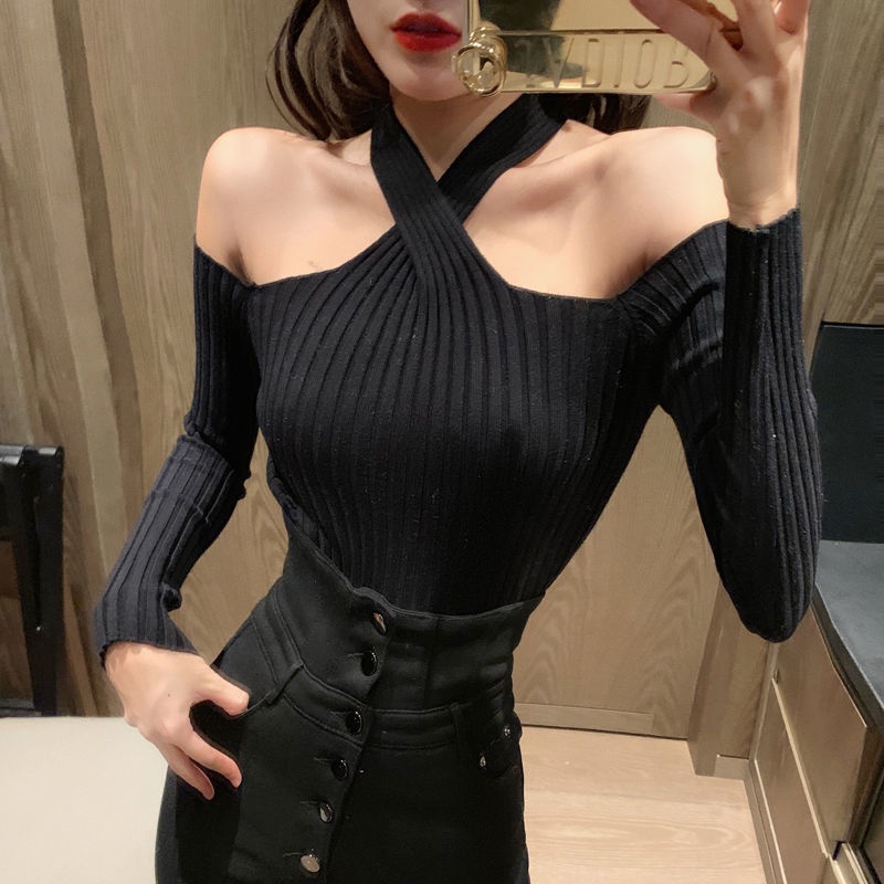 Satu kata off-the-shoulder cross-halter neck sweater top wanita musim semi dan musim gugur pendek ketat seksi bagian dalam bottoming sweater wanita
