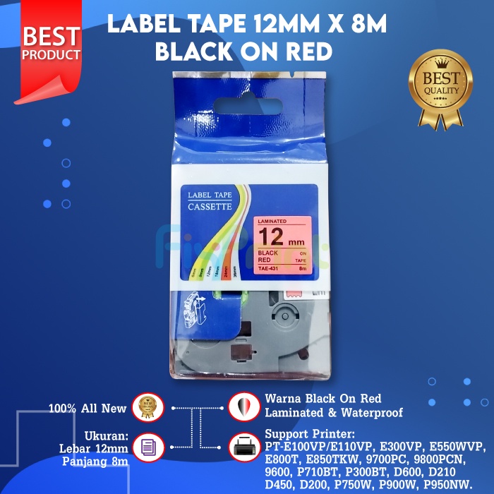 Compatible Label Tape Laminated TZE-431 12mm X 8m Black On Red Cassette Printer Bro PT-E300 PT-E550 PT-P710BT PT-P300 PT-D210 PT-P750W PT-P900W