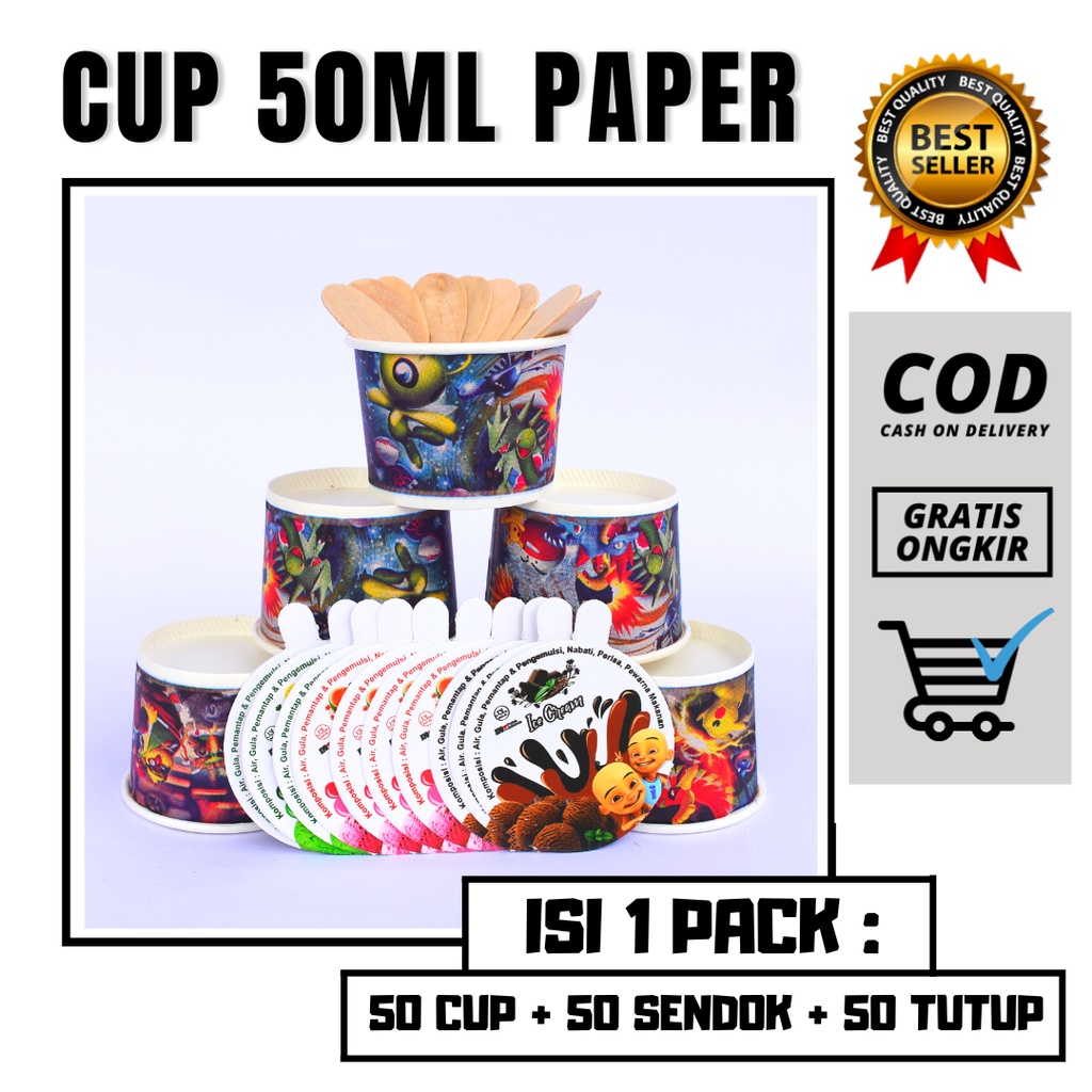 CUP 50 ML PAPER KEMASAN ES KRIM CAP PRODUK CUP ICE CREAM MINI LENGKAP TUTUP SENDOK