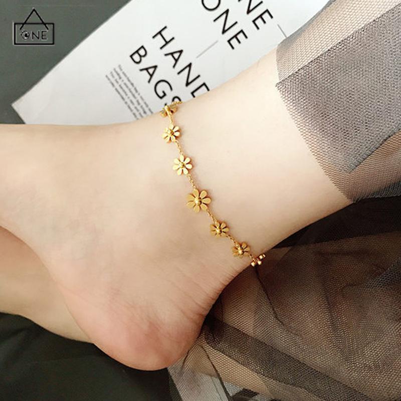 COD❤️Gelang Kaki Titanium Anti Karat Daisy Bunga Kamelia Emas 18k Perhiasan Wanita Korea-A.one