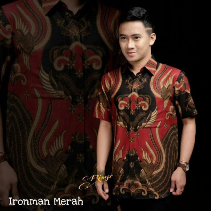 Kemeja Batik Pria Lengan Pendek Slimfit Modern Atasan Baju Batik Pria Dewasa Warna Maron Merah Seragam Kerja Batik