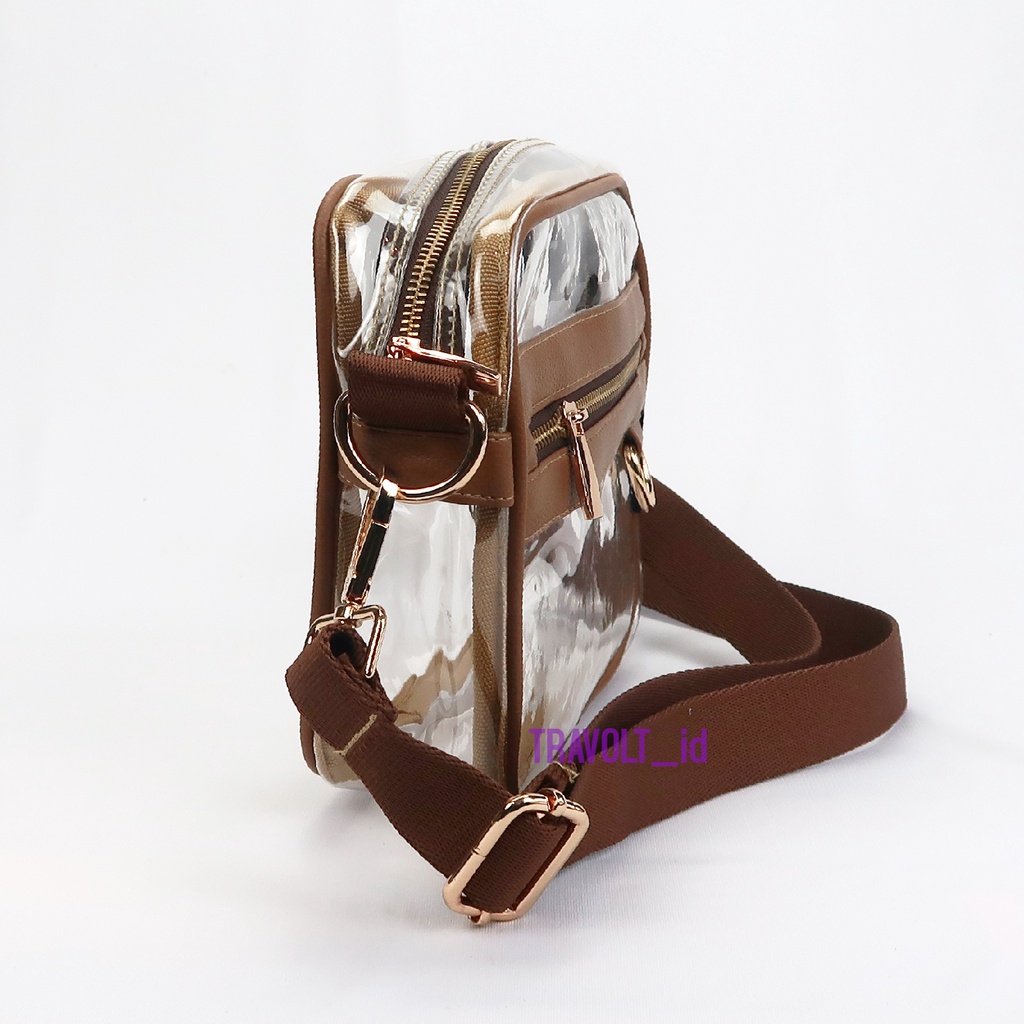 PREMIUM Sling Bag List Kulit - Tas Selempang Transparan - Coklat - Travolt - Tas PVC Mika Tebal - Tas Konser KPOP - Hand bag Tas Selempang - Miyoung