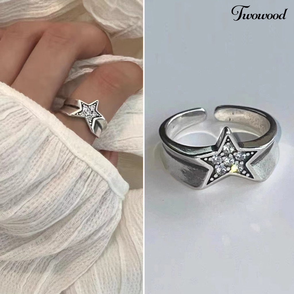 Cincin Model Terbuka Desain Pentagram Irregular Aksen Berlian Imitasi Gaya Vintage Untuk Wanita