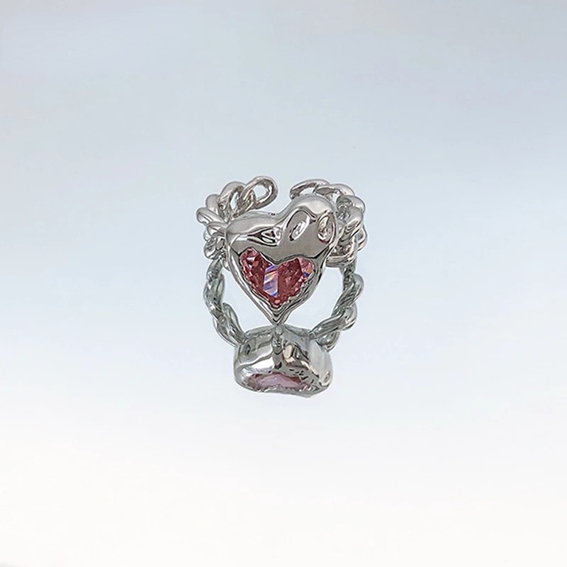 Mhang Cincin Silver Asimetris Gaya Eropa / Amerika Motif Hati Aksen Kristal Pink Untuk Wanita