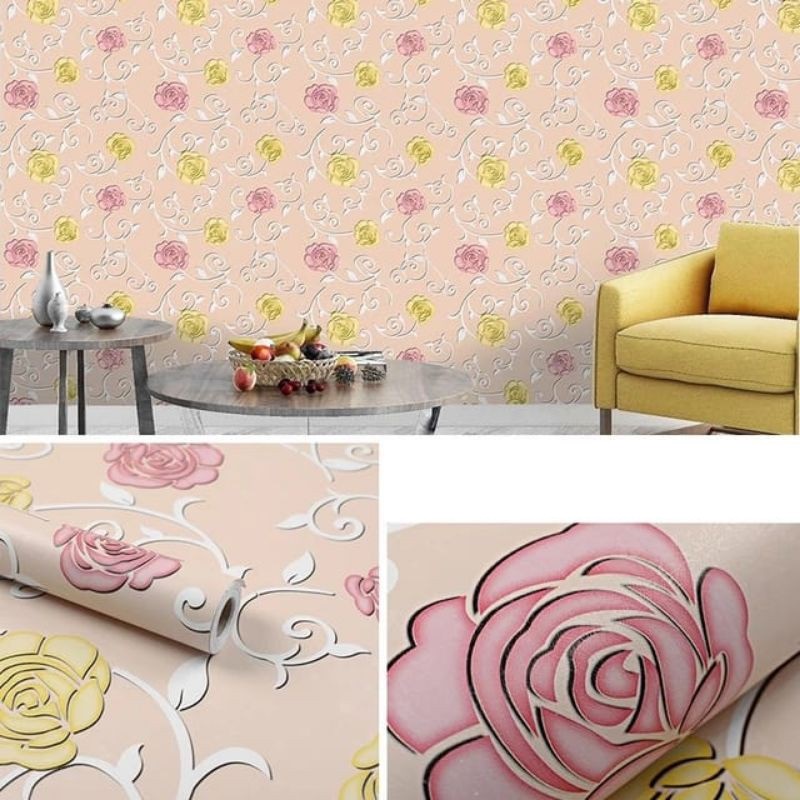 Wallpaper Dinding Motif BUNGA MAWAR PINK KUNING 10m x 45cm