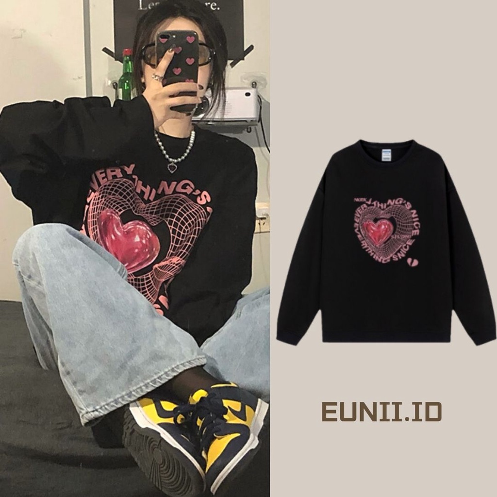 EUNII Sweater Lengan Panjang Pink Heart Korean Style/Hoodie Oversize/Baju Wanita/Switer Wanita