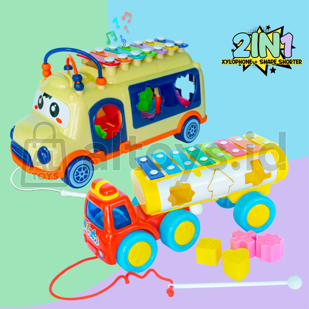 Mainan Edukasi Anak Alat Musik Tangga Nada Xylophone Gambang / Menggenal Bentuk Shape Model Mobil Truck AU01