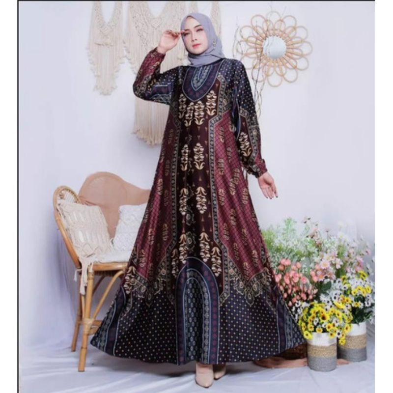 GAMIS HUSNA FUL MOTIF RESTRA DESAIN MAXMARA//BUSUI FRIENDLY//GAMIS KONDANGAN PREMIUM//GAMIS JUMBO SI