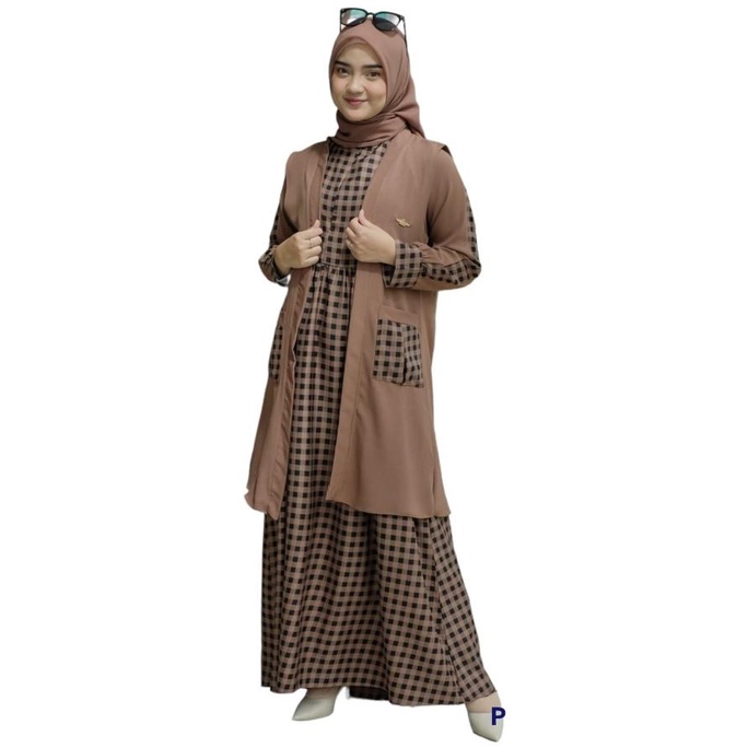 TERMURAH Gamis wanita remaja outer andara set cardigan motif kotak ori zahin