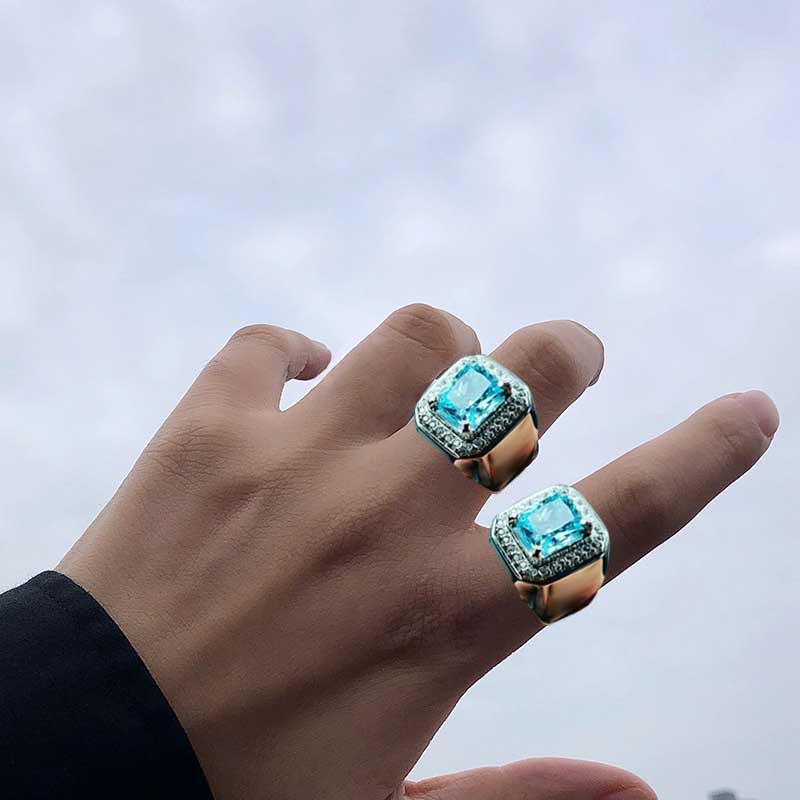 Cincin Pria Mewah Berlian Aquamarine 925 Perak Fashion Perhiasan Aksesoris Crystal Emas Putih Silver Rings