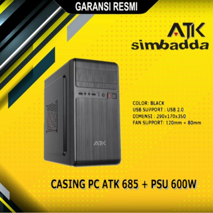 CASING PC KOMPUTER SIMBADDA ATK 685 + PSU 600W MIDDLE TOWER MATX RESMI