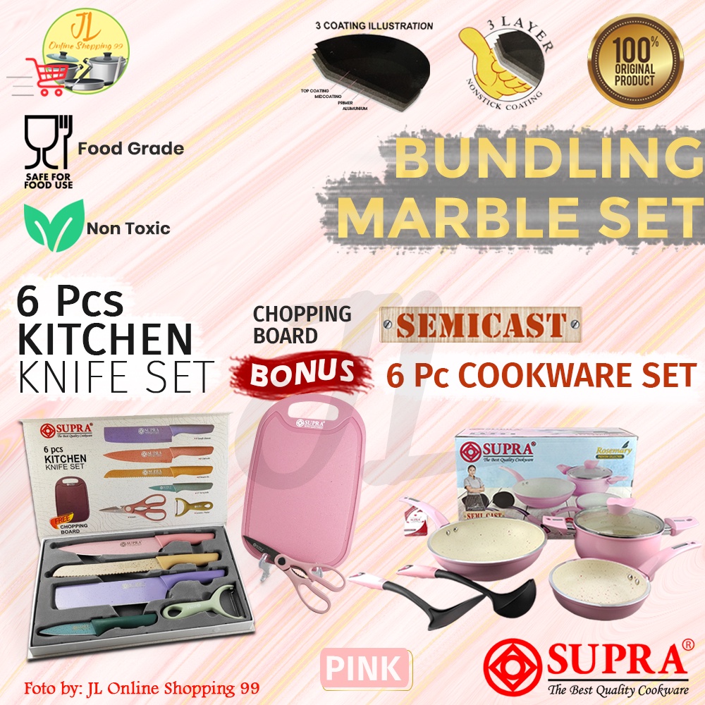 SUPRA 6pcs pastel white marble Pink + 6pcs knife set stainless + cutting board / panci set anti leng