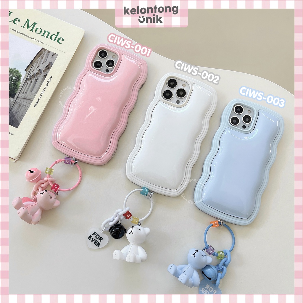 For iPhone - Pastel Colour Wavy Case with Teddy Bear Charm/ Soap Case