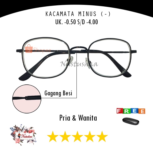 Kacamata Lensa Minus (-) -0.50 s/d -4.00 Frame Kotak Metal High Quality Material Kacamata Rabun Jauh Unisex FREE CASE