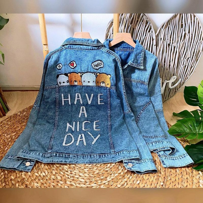 Nice Day Jacket Jeans, JAKET JEANS WANITA CANTIK MODIS JUMBO FIT XXXL LD 130 BAHAN JEANS WASH TEBAL PREMIUM MIX BORDIR TERMURAH OOTD