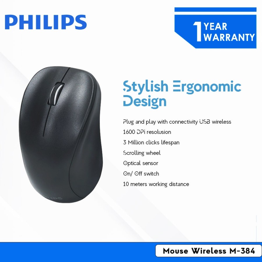 Mouse Philips M-384 Wireless 1600DPI Ergonomic Design - PHILIPS M384