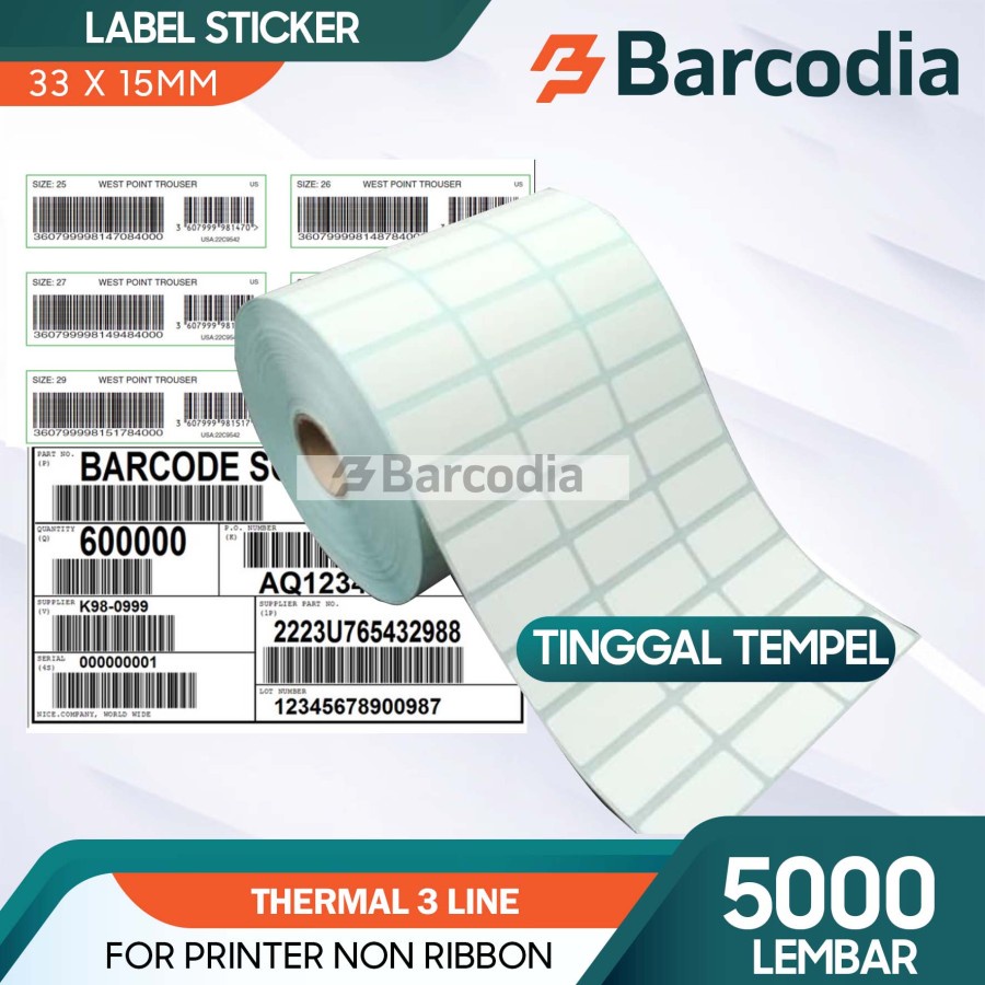 LABEL BARCODE 33X15 MM 3 LINE STIKER THERMAL 33 X 15 MM ISI 5000PCS