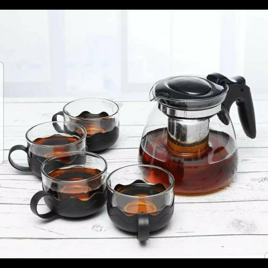 JUAL TEA POT TEAPOT SET 5 IN 1 TEKO JUG PITCHER + CANGKIR GAGANG SET KACA BELING BENING TEKO SAJI