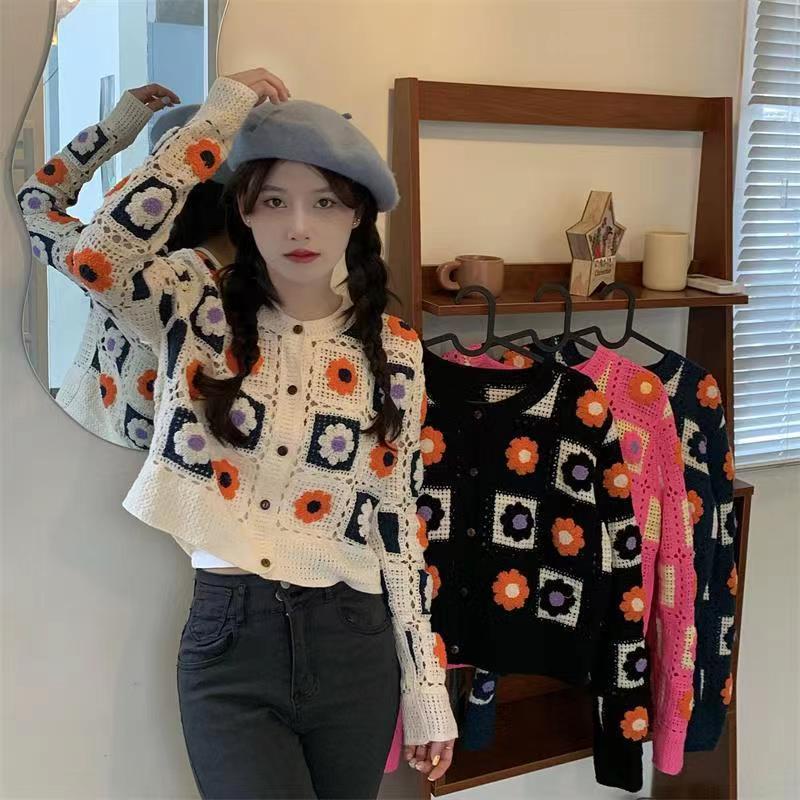 Outer Wanita Cardigan Rajut Wanita Kancing Lengan Panjang Vintage Casual Cardigan Crop