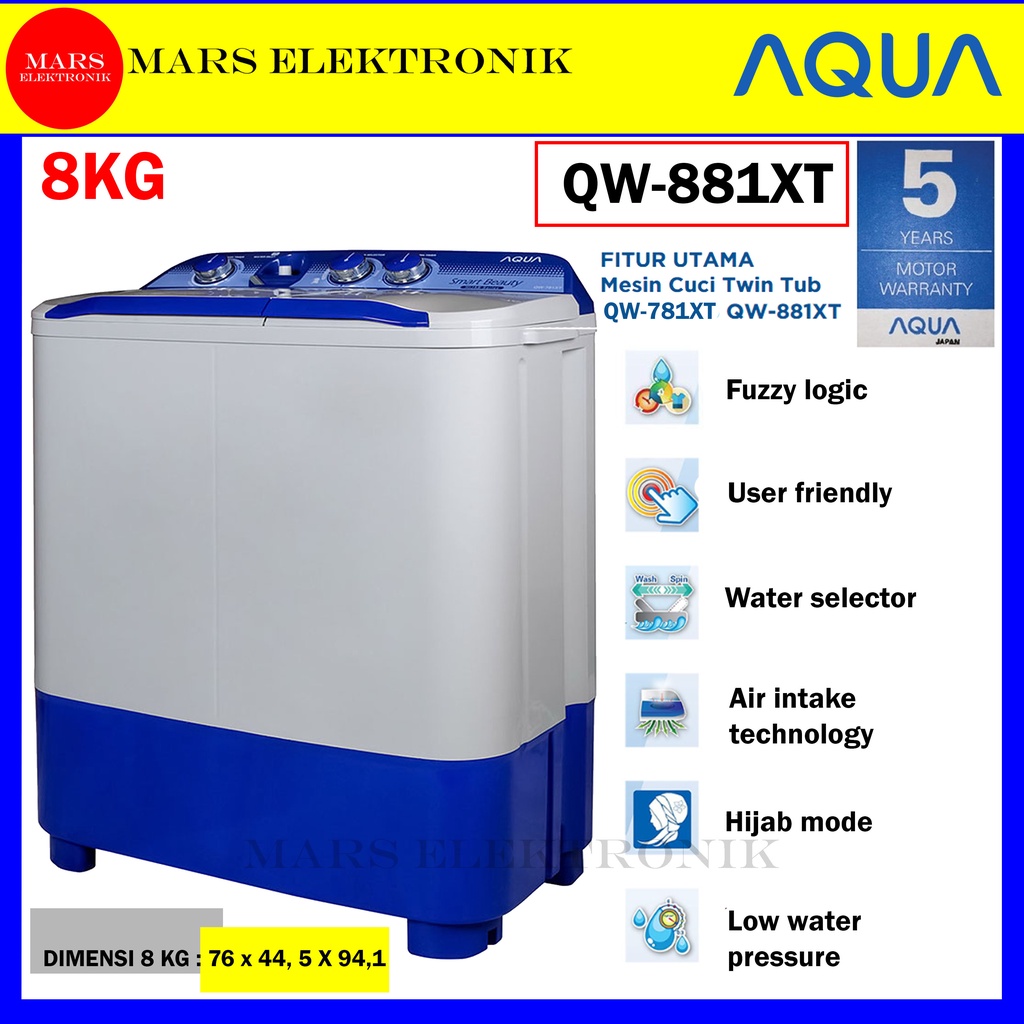 MESIN CUCI AQUA QW-850XT / QW-881 XT / 8 KG / ORIGINAL BERGARANSI RESMI / QW 850 XT / QW 881 XT / FR