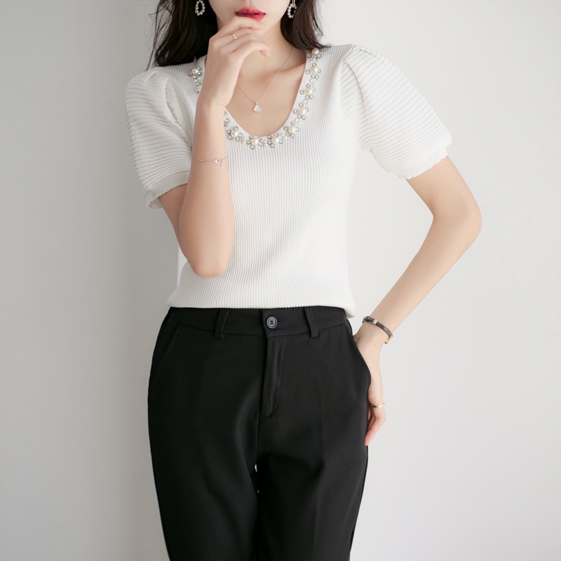 【Elegant】Korean Retro Soft Knit V Neck T-Shirt 2354