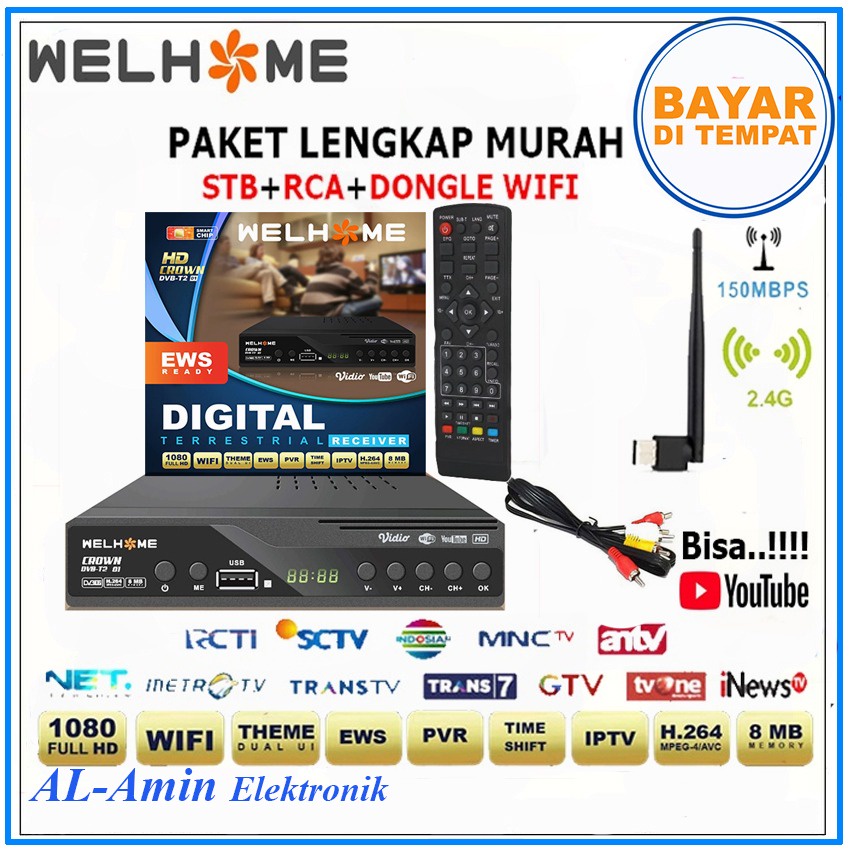 Set TopBox Tv Digital Welhome DVB T2 EWS UHF HD set / tv analog ke digital / set topbox tv digital untuk tv tabung dan Smart TV / stb tv digital murah / set box tv digital murah / set box tv digital