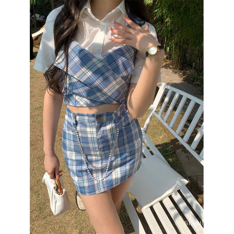 #Sisjuly# Set Kemeja Lengan Pendek Putih Wanita Putih Bawah Kemeja Kotak-kotak Rompi Kamisol Rok Set