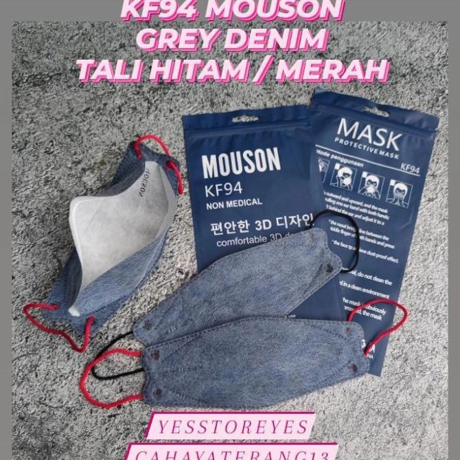 READY MASKER KF94 KF MOUSON GREY DENIM TALI MERAH TALI HITAM 4 PLY ABU t-yesstoreyes Kualitas Baik