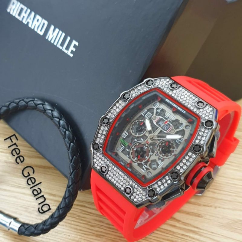 Jam Tangan Pria RM Richard Mile Ring Diamond Free Gelang - Rm Crono Aktif Tali Merah