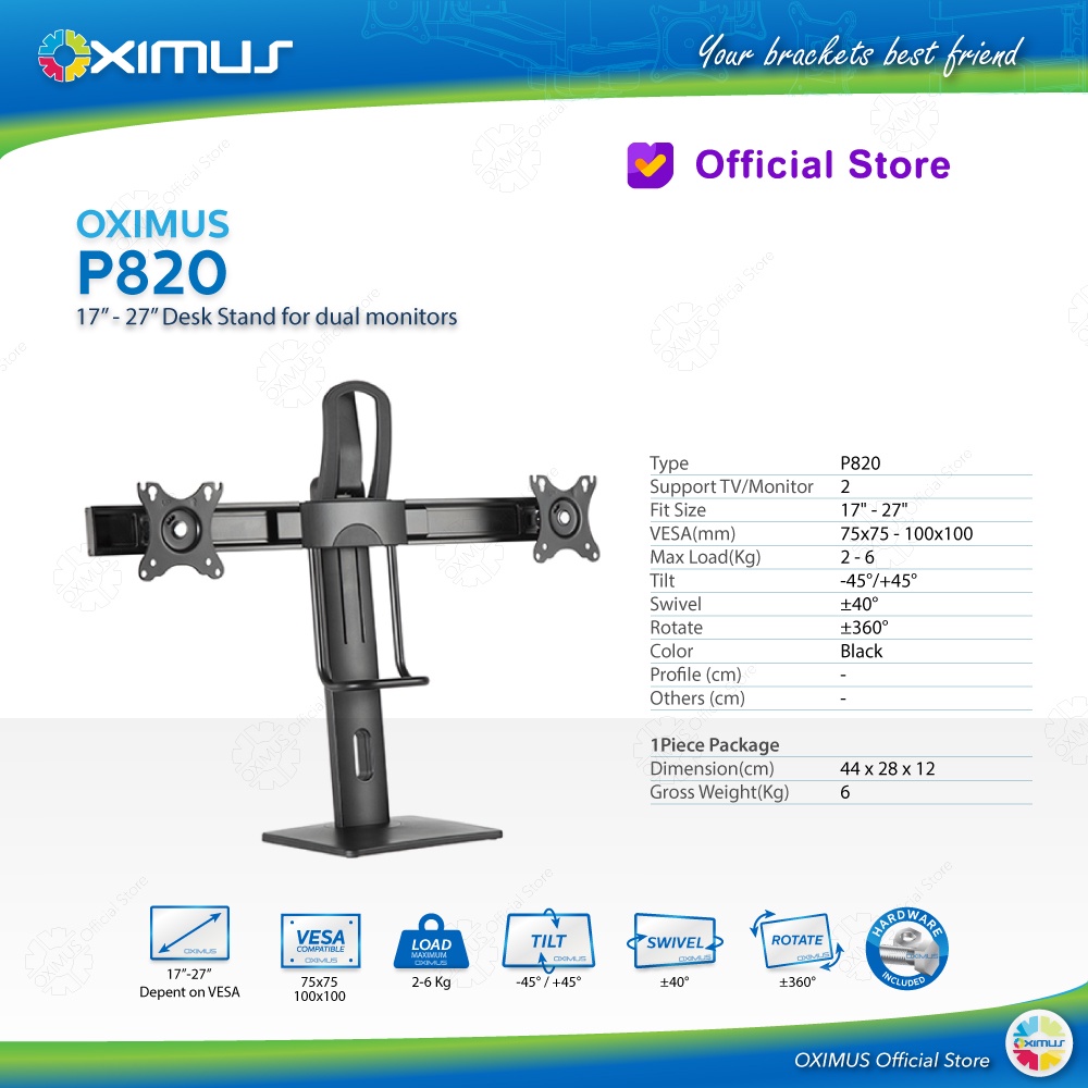 Bracket Desk Stand Meja Dual Monitor Naik Turun 17" - 27" Oximus P820