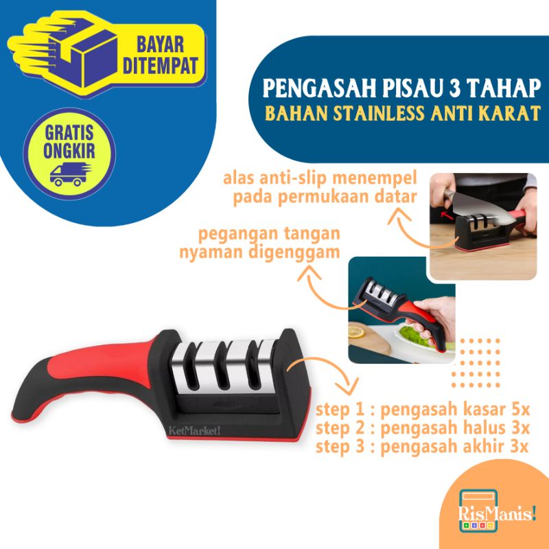 3 STAGES KNIFE SHARPENER - Alat Pengasah Mata Pisau Tajam Instan 3 Tahap Asahan Penajam Gunting Dapur 3 in 1 Pegangan Statis Asah Stainless Steel Anti Karat Power Gripper Anti Slip