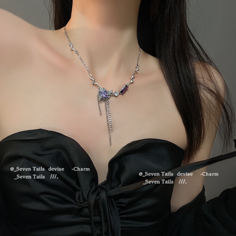 Suhao ungu lipit logam in manis dan pedas gadis cantik kalung desain niche cinta jahitan tulang selangka rantai kalung hip hop